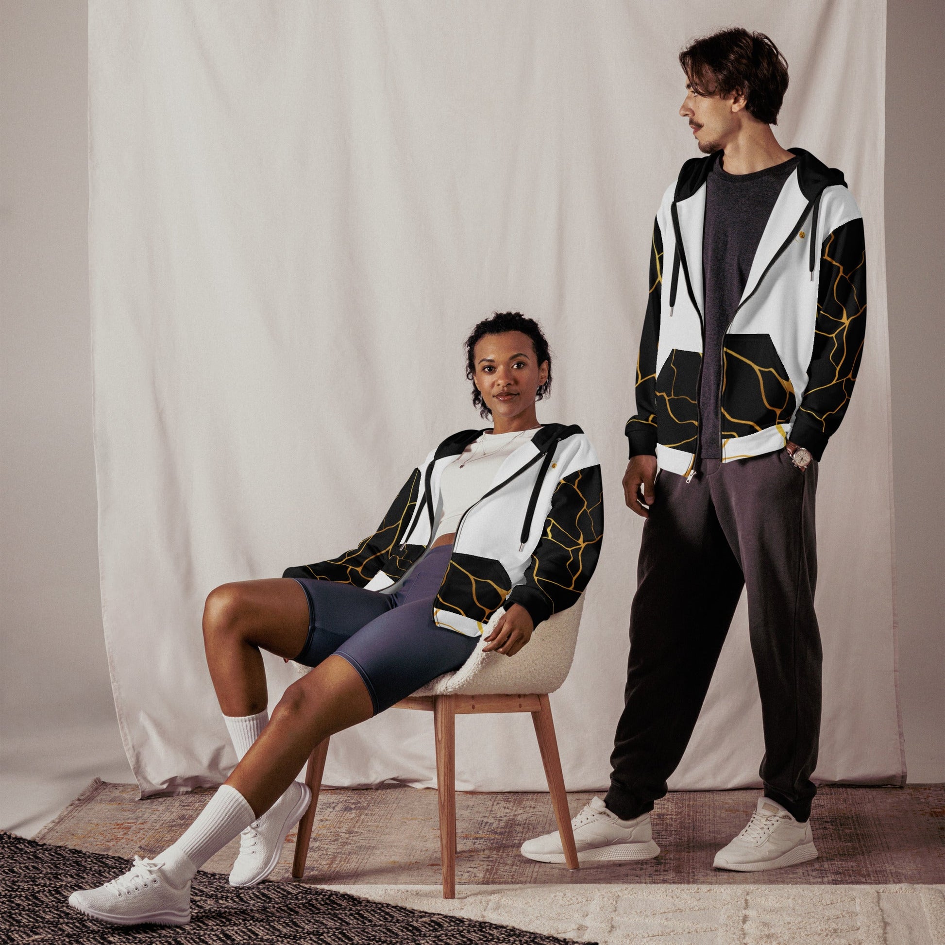 Sweat à capuche zippé unisexe Prestige™ Blanc Noir et Or Filament - Prestige SXM